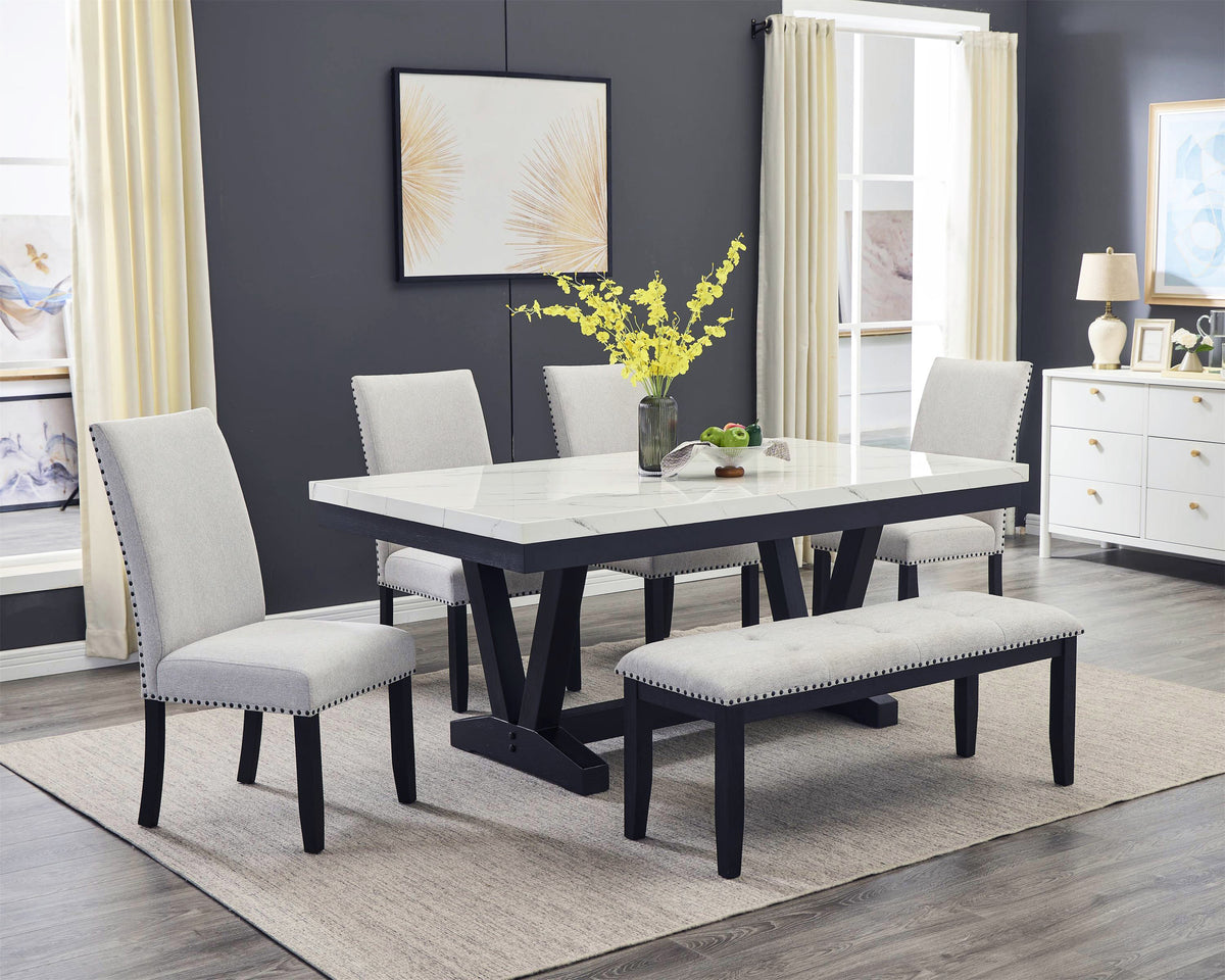 Vance faux-marble dining table with four Varley Dove chairs and a Vance Dove bench