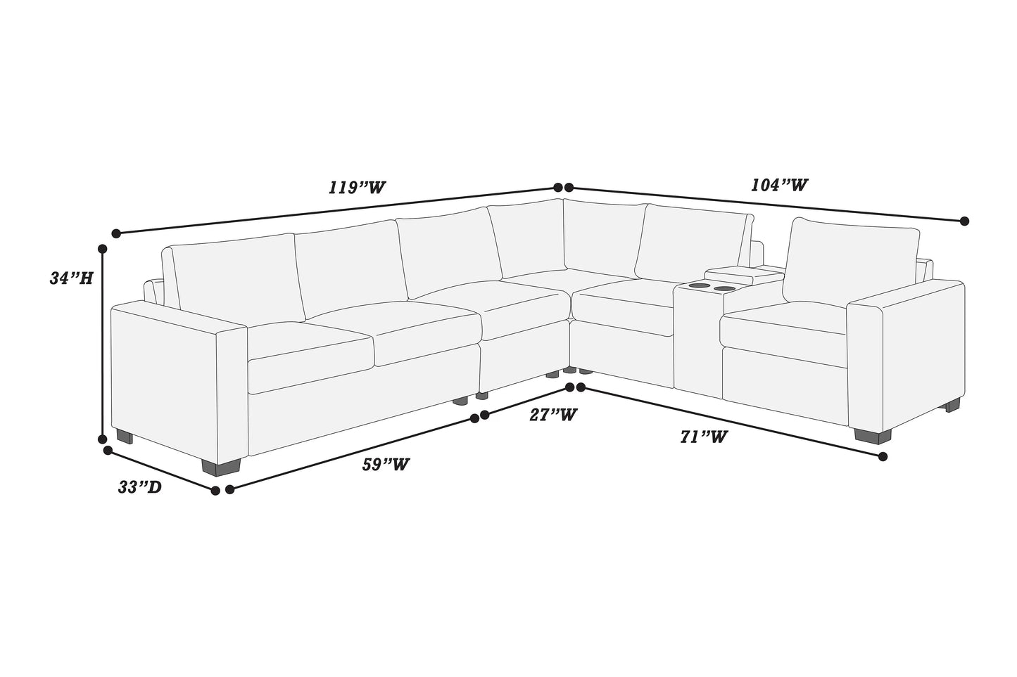 Sectional W/USB Console & Cup Holders Reversible Loveseat
