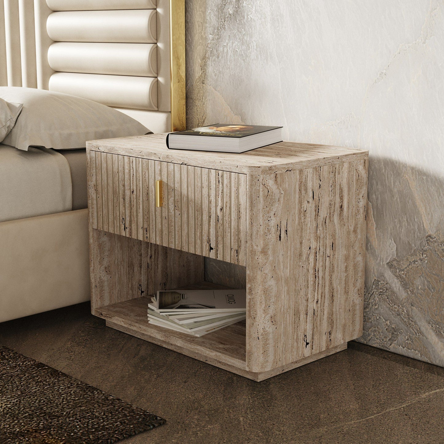 Modern Beige Velvet & Gold Bed E.King Bed Frame 2 nightstand