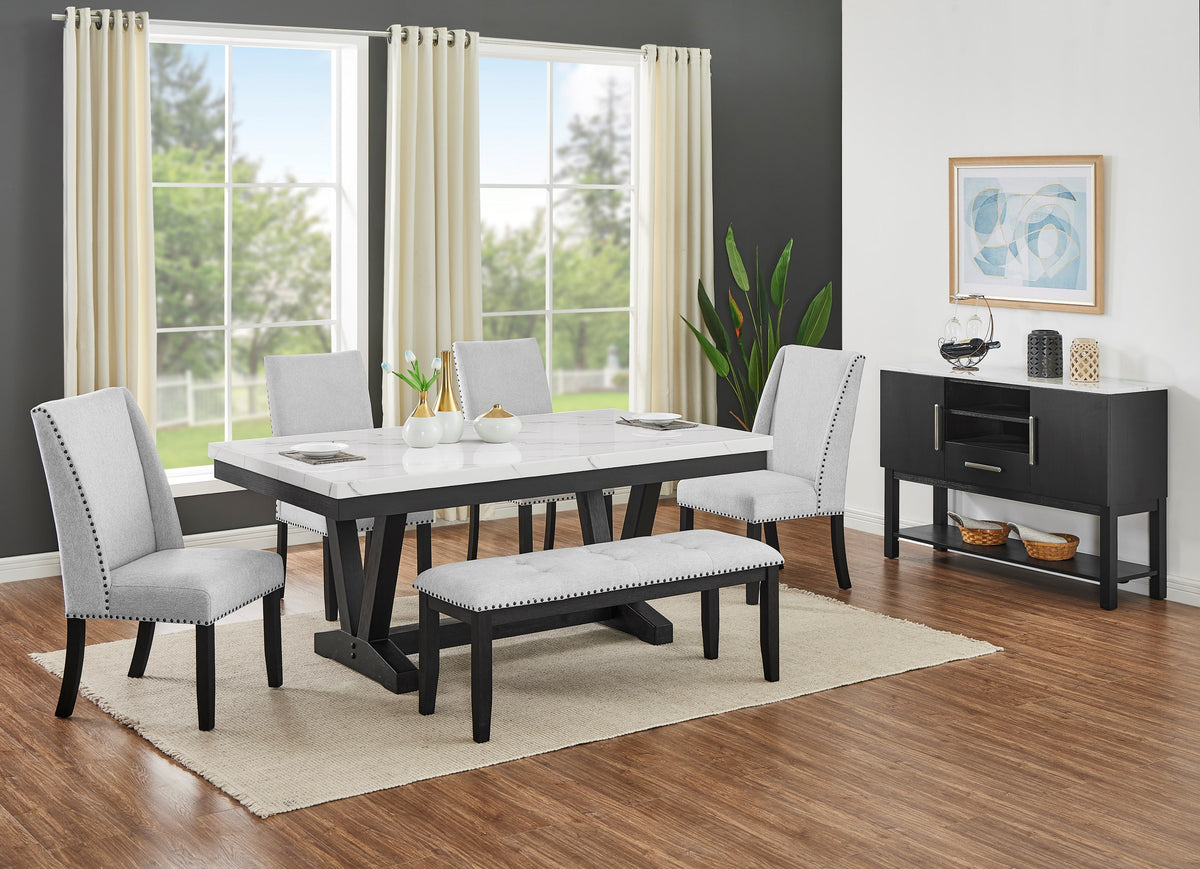 Varley rectangular table shown with mixed seating and bench, sold separately