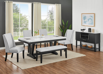 Varley rectangular table shown with mixed seating and bench, sold separately
