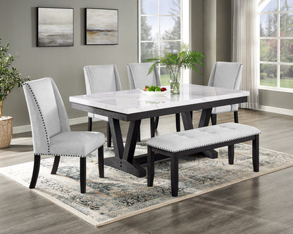 Vance six-piece dining set with faux-marble table, four Dove wingback chairs and matching bench