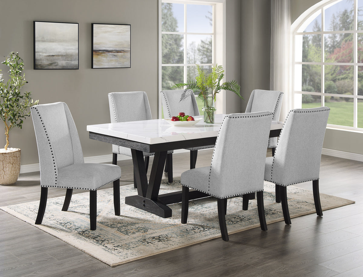 Vance seven-piece dining set with faux-marble table and six Dove wingback chairs