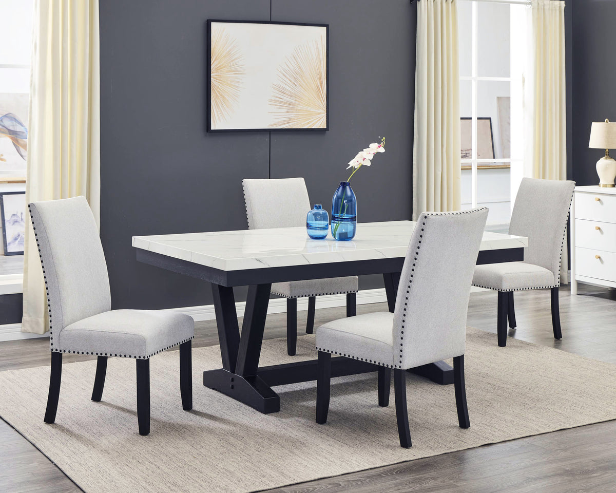 Vance faux-marble dining table paired with four Varley Dove chairs