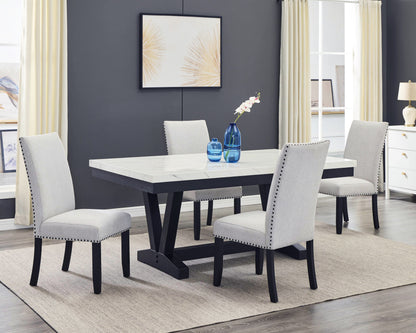 Vance faux-marble dining table paired with four Varley Dove chairs