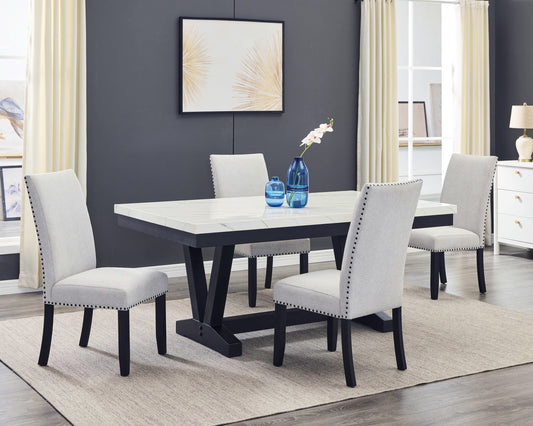Vance faux-marble dining table paired with four Varley Dove chairs
