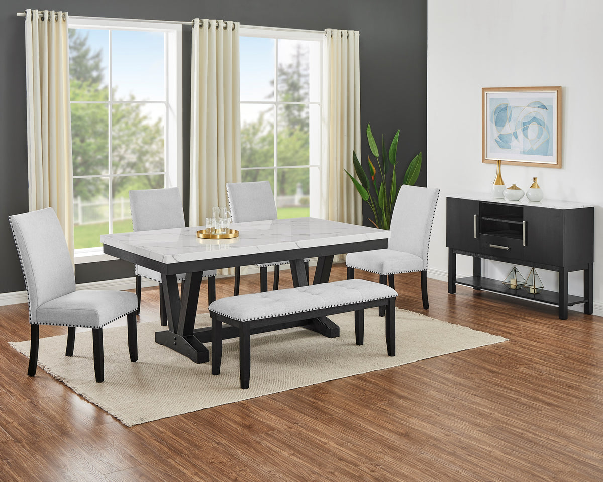 Varley six-piece dining set with four matching Dove side chairs and bench; sideboard not included