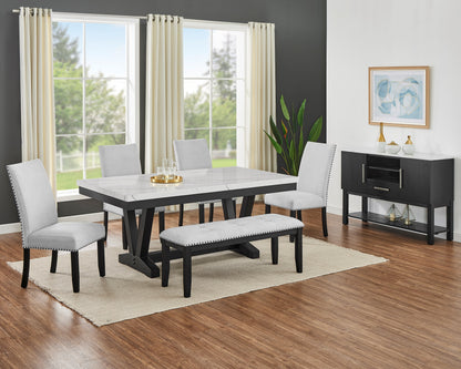 Varley six-piece dining set with four matching Dove side chairs and bench; sideboard not included