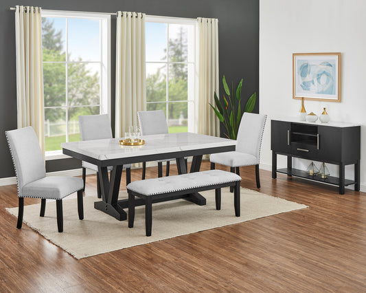 Varley six-piece dining set with four matching Dove side chairs and bench; sideboard not included