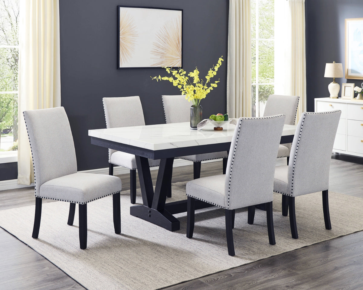 Vance faux-marble dining table with six Varley Dove chairs