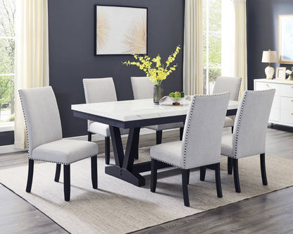 Vance faux-marble dining table with six Varley Dove chairs