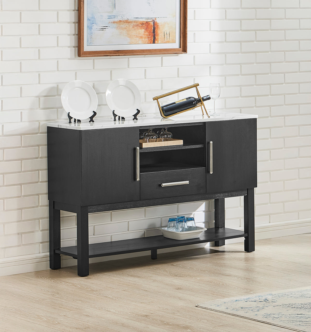 Vance dark dining sideboard with white marble-look top
