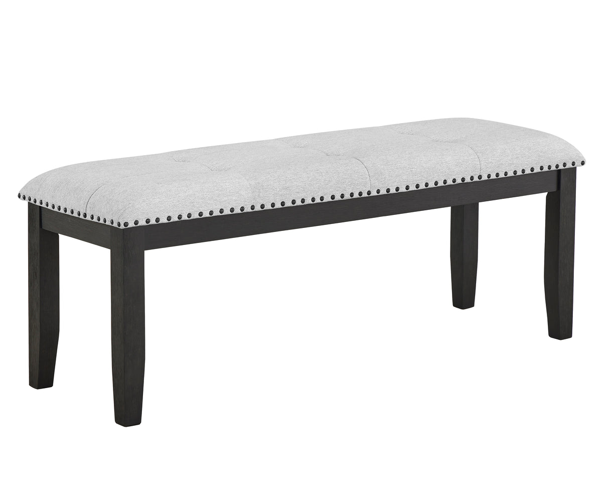 Vance Dove upholstered dining bench with nailhead trim and dark legs