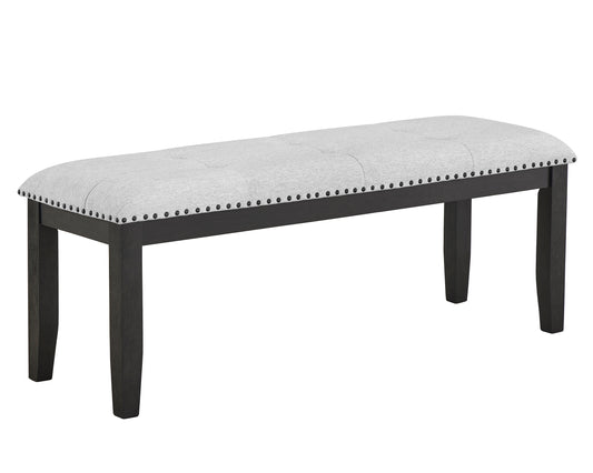 Vance Dove upholstered dining bench with nailhead trim and dark legs