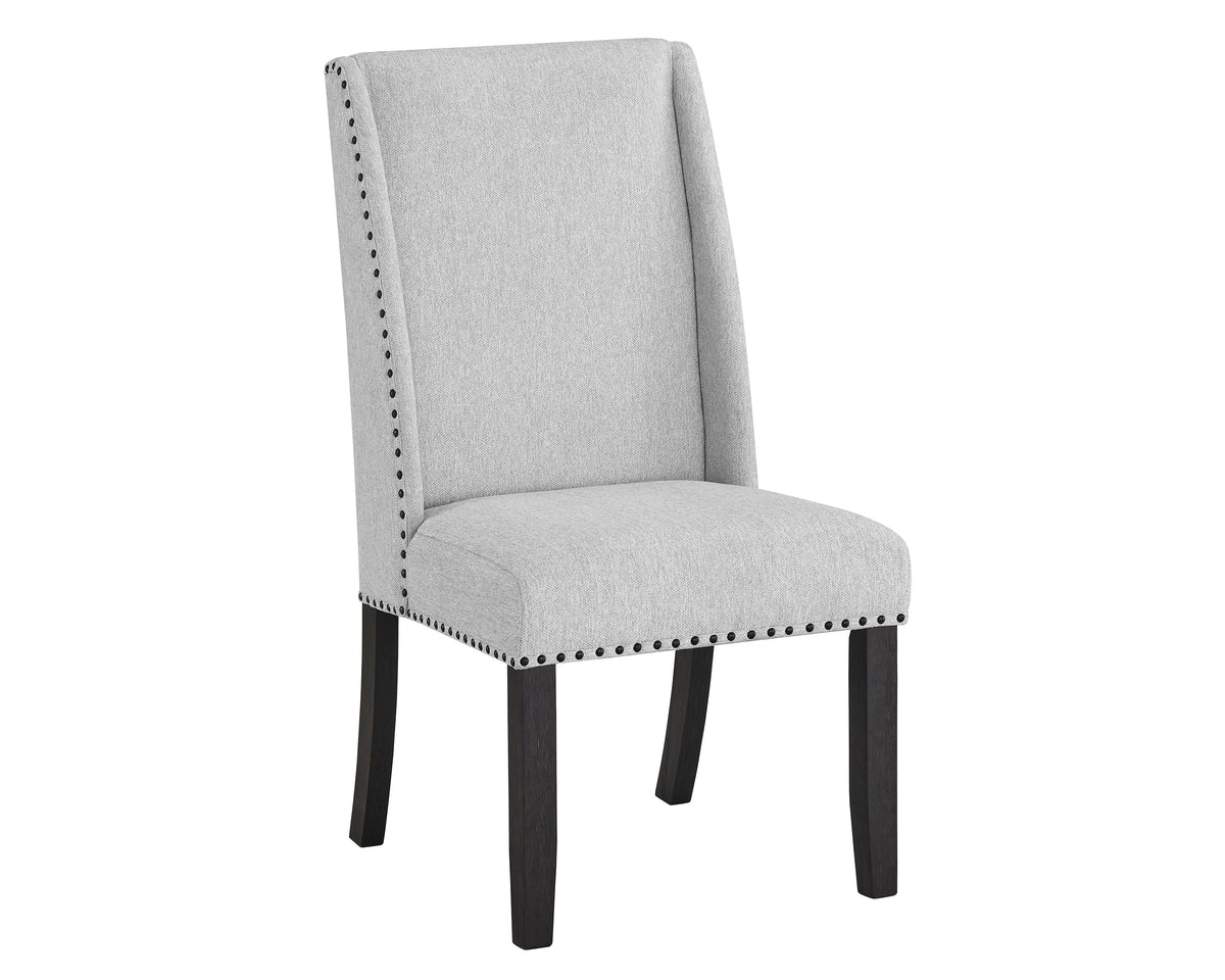 Vance Dove upholstered wingback dining chair with nailhead trim, sold as a set of two