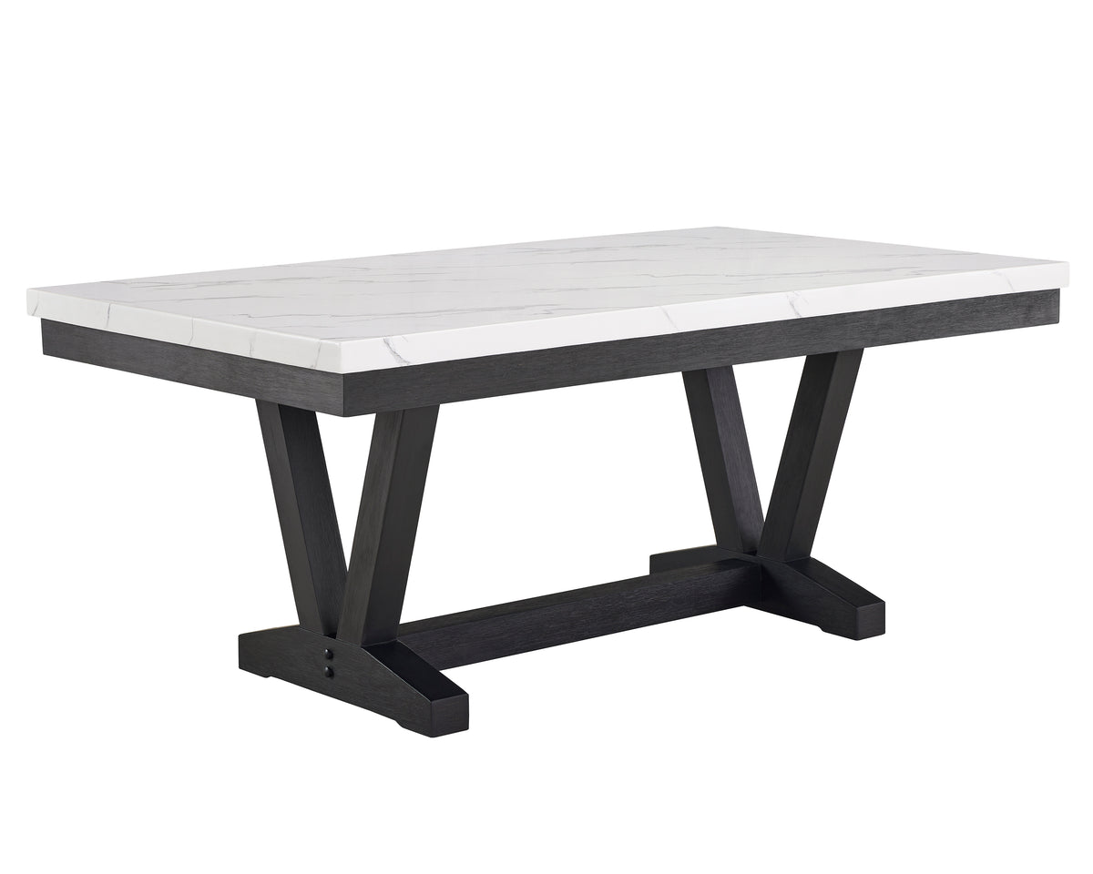Vance complete dining table with white faux-marble top and dark trestle base