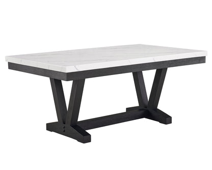Vance complete dining table with white faux-marble top and dark trestle base