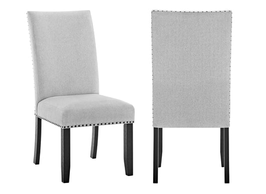Front and back views of Varley Dove dining chairs