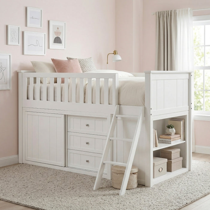 Low Loft Bunk with Bookcase and Dresser