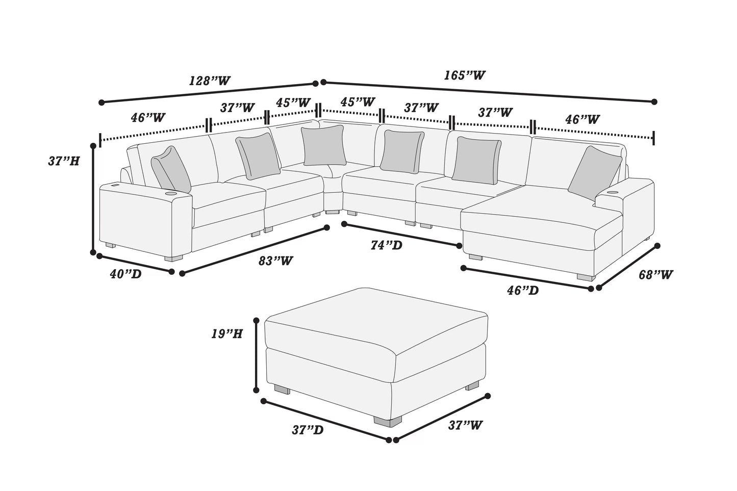 U Shaped Sectional W Ottoman Modular/ Also Available NO Ottoman