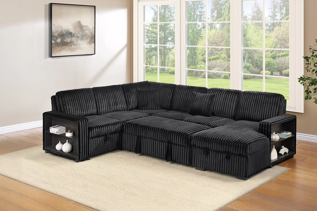 Sectional Sleeper Sofa W/ Pull-Out Bed + RAF Chaise Storage + Built-in Shelf