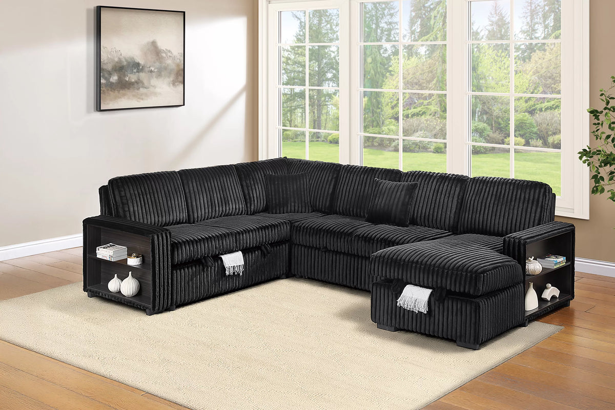 Sectional Sleeper Sofa W/ Pull-Out Bed + RAF Chaise Storage + Built-in Shelf