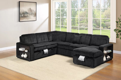 Sectional Sleeper Sofa W/ Pull-Out Bed + RAF Chaise Storage + Built-in Shelf
