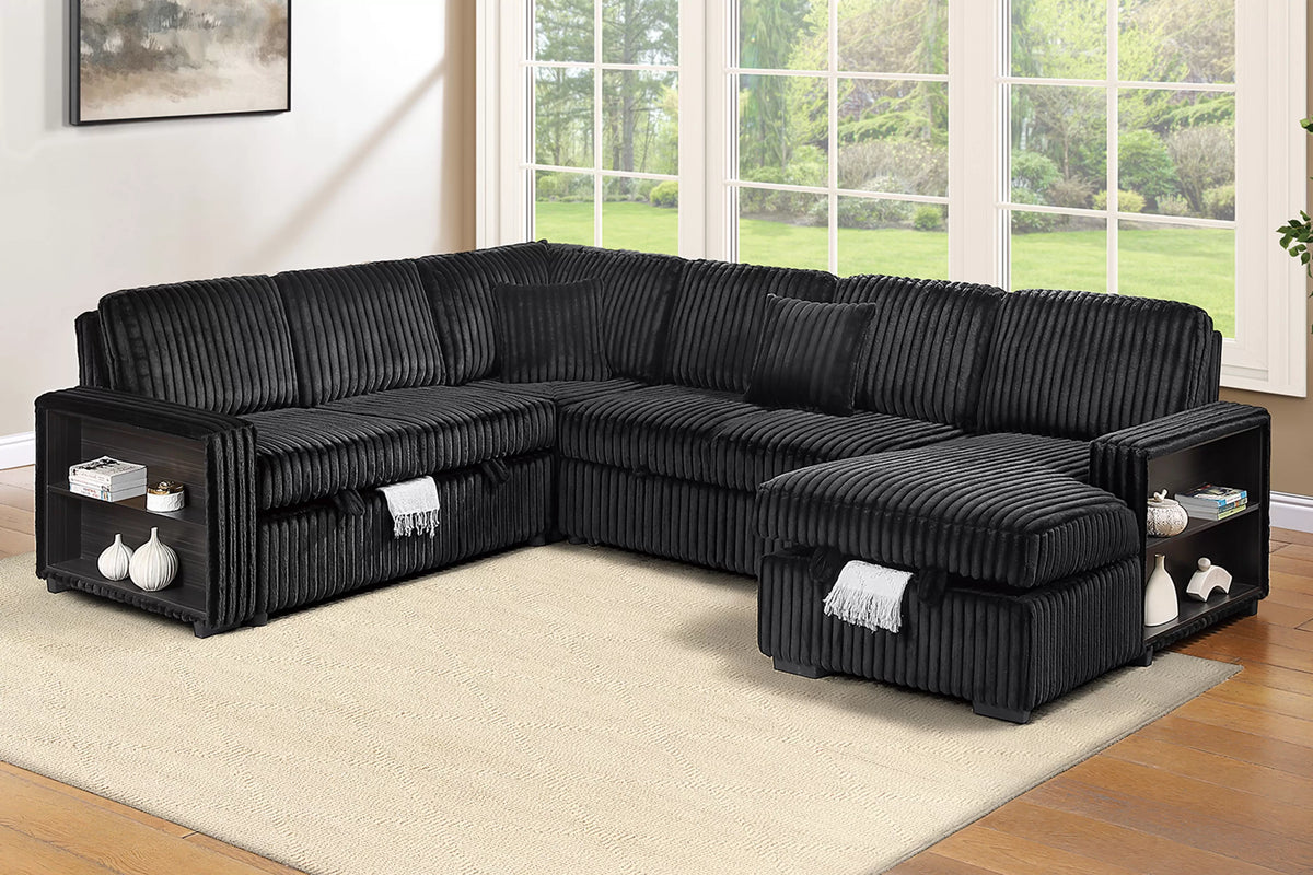 Sectional Sleeper Sofa W/ Pull-Out Bed + RAF Chaise Storage + Built-in Shelf