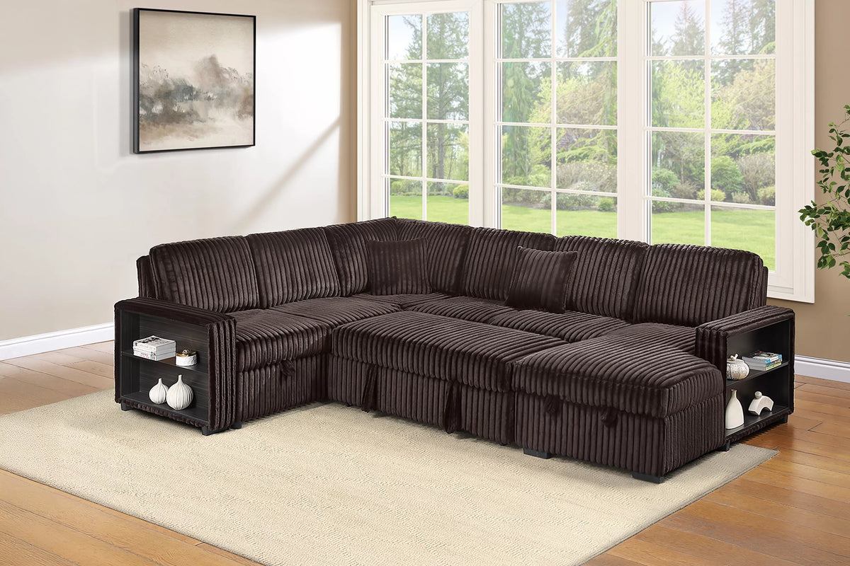 Sectional Sleeper Sofa W/ Pull-Out Bed + RAF Chaise Storage + Built-in Shelf