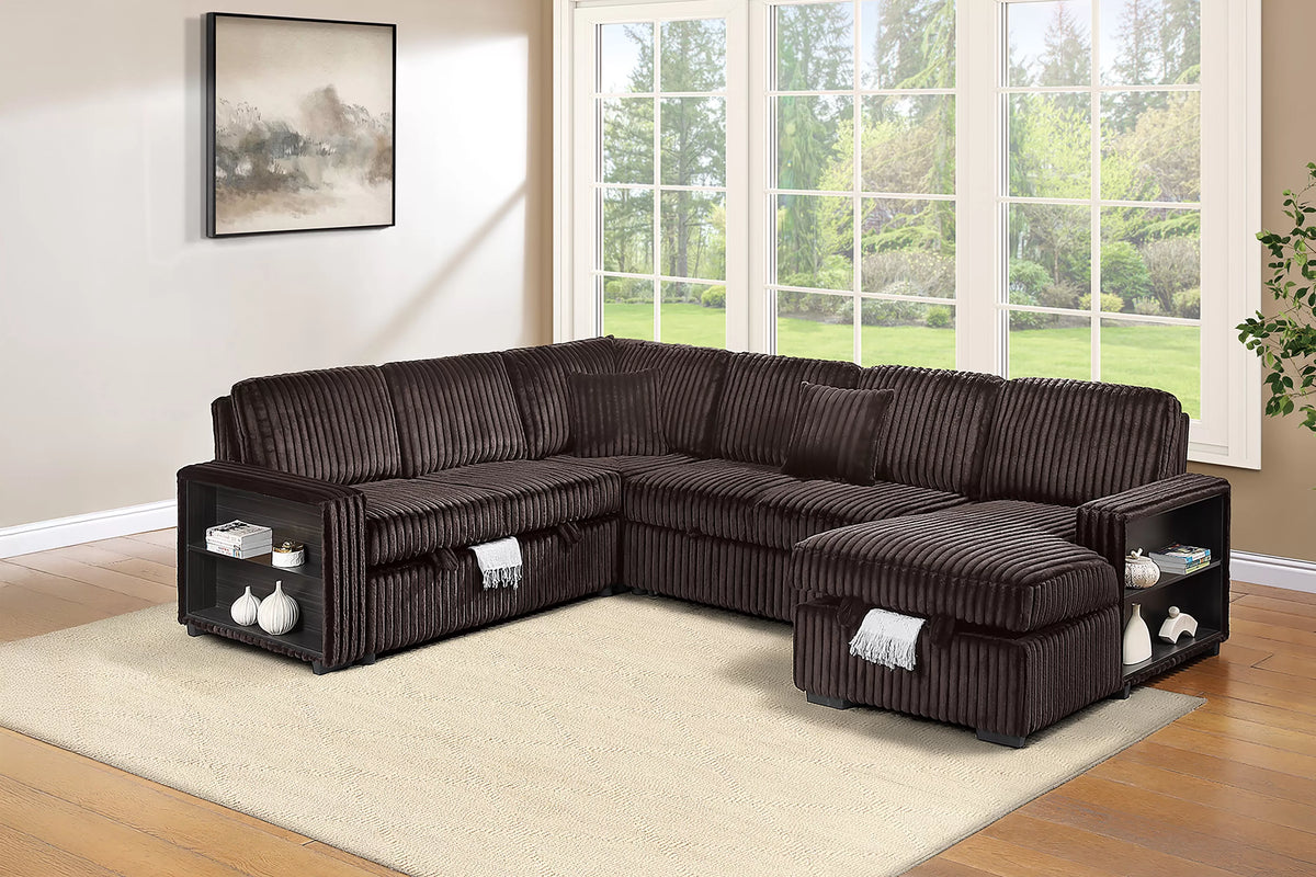 Sectional Sleeper Sofa W/ Pull-Out Bed + RAF Chaise Storage + Built-in Shelf