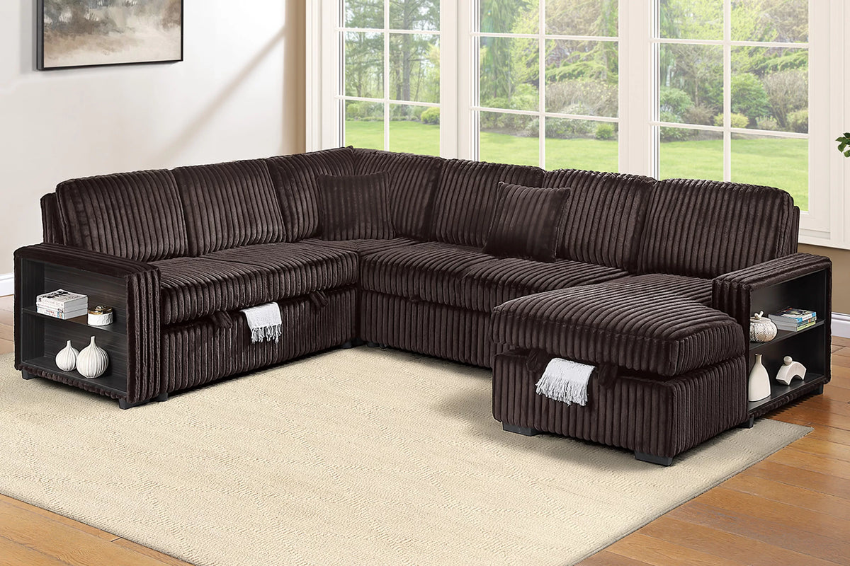 Sectional Sleeper Sofa W/ Pull-Out Bed + RAF Chaise Storage + Built-in Shelf