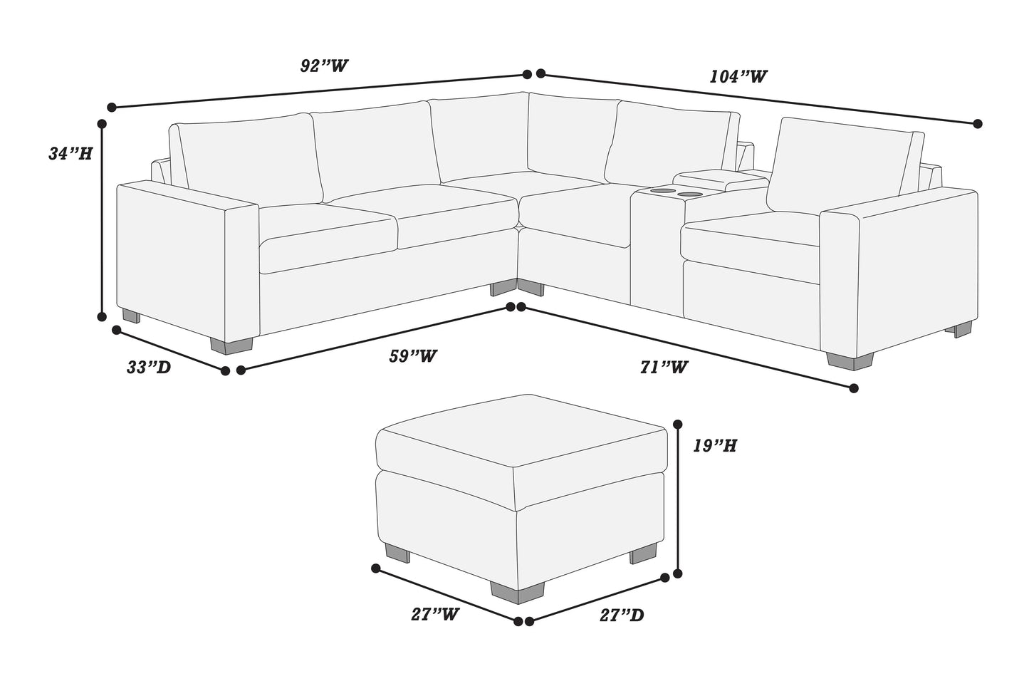Sectional W Ottoman /USB Console & Cup Holders Reversible Loveseat
