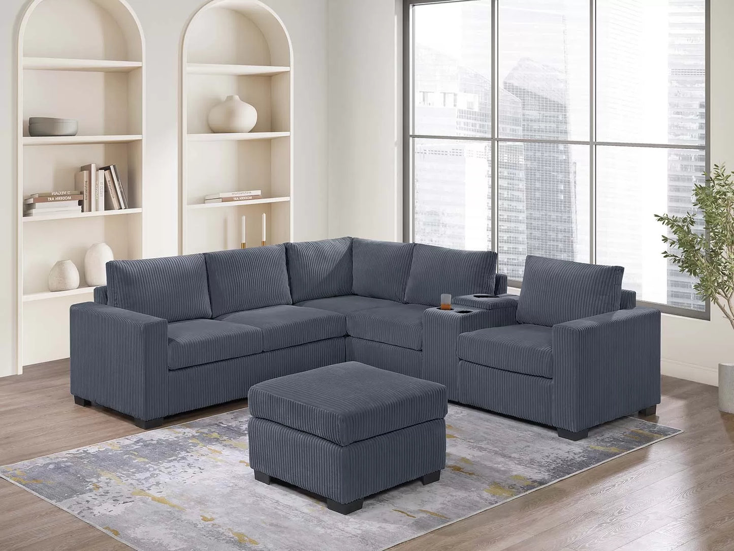 Sectional W Ottoman /USB Console & Cup Holders Reversible Loveseat