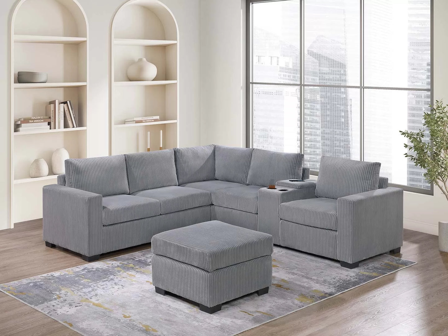 Sectional W Ottoman /USB Console & Cup Holders Reversible Loveseat
