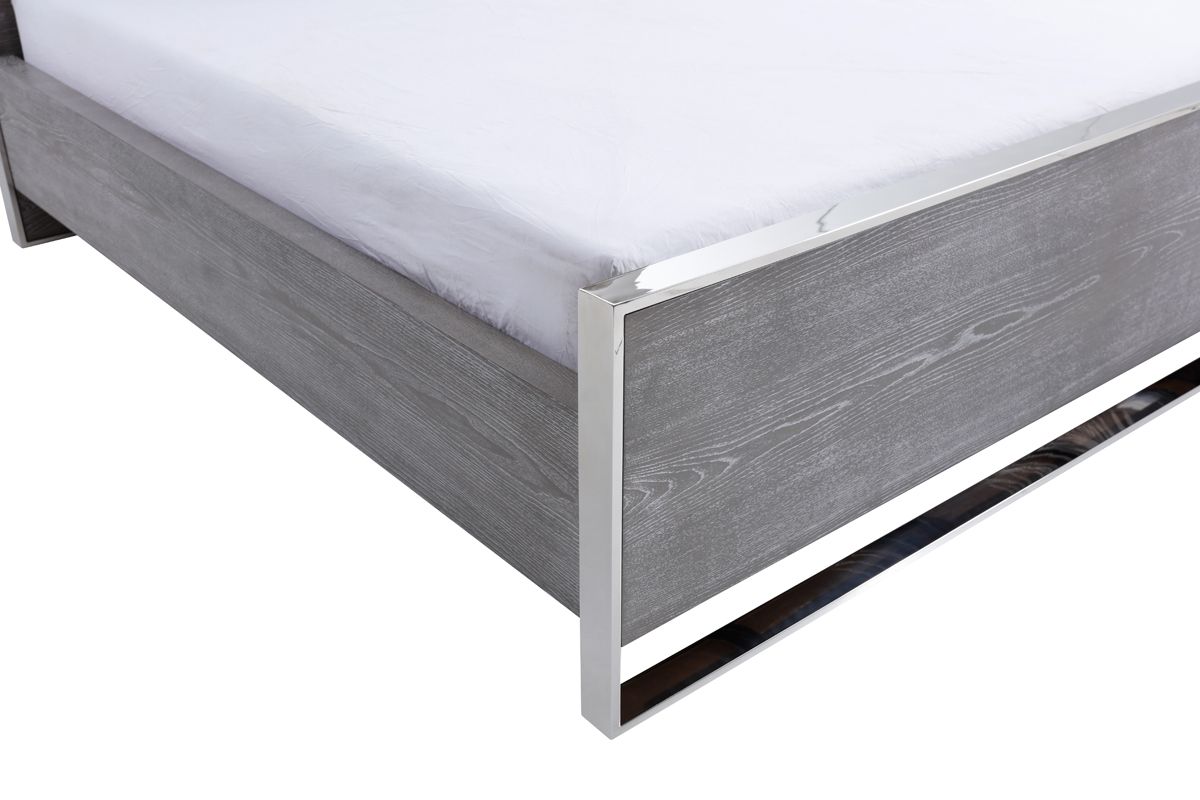 Modrest Charlene Modern Grey Elm & Stainless Steel Bed.       Low in Stock, please call