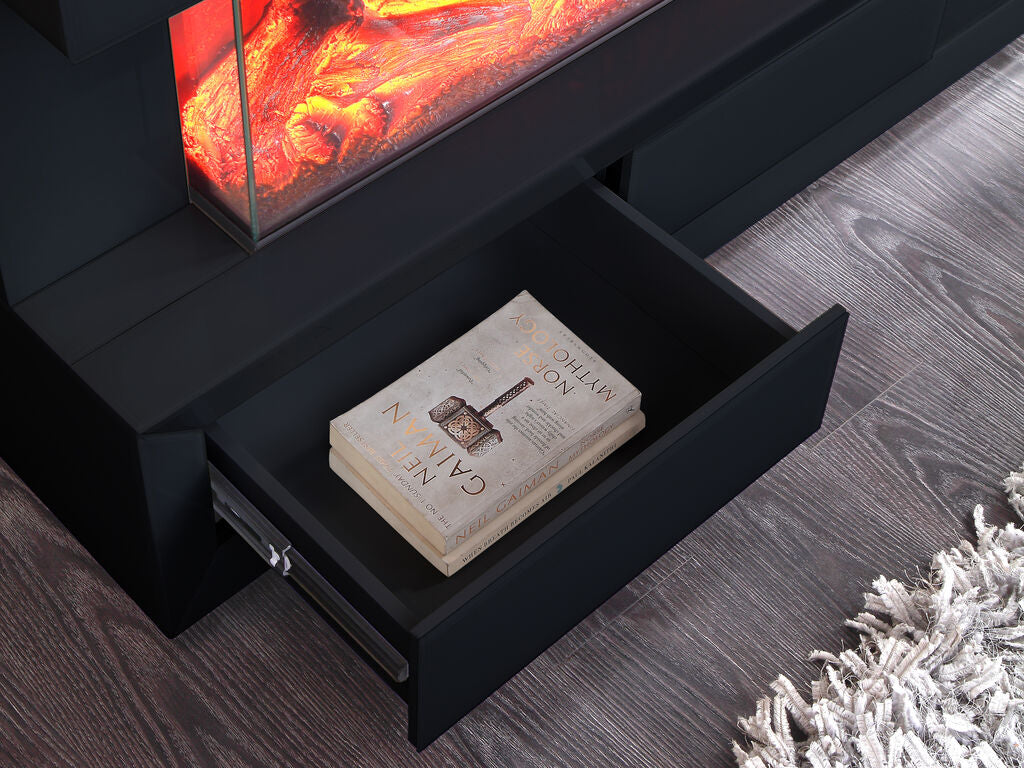 Dorian 71"W Black Finish TV Stand with Fireplace and Speaker