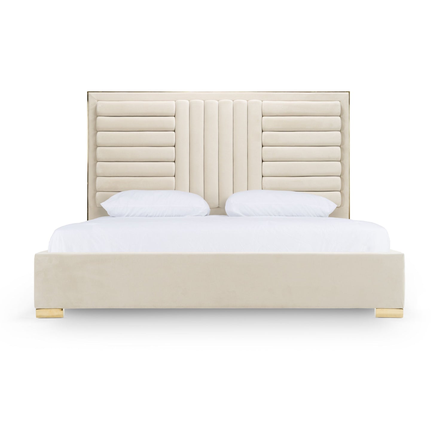 Modern Beige Velvet & Gold Bed E.King Bed Frame 2 nightstand