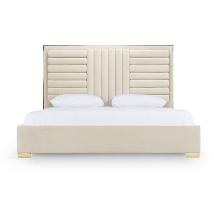Modern Beige Velvet & Gold Bed E.King Bed Frame 2 nightstand