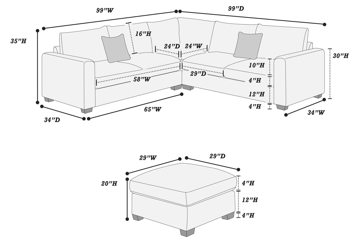 SECTIONAL W OTTOMAN Black