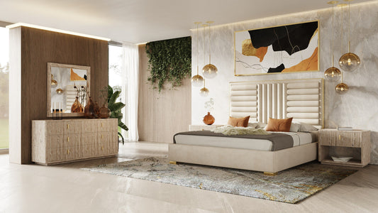 Modern Beige Velvet & Gold Bed E.King Bed Frame 2 nightstand