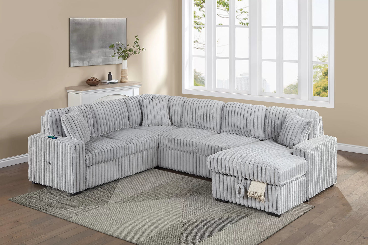 Sofa W/ Pull-Out Bed + RAF Chaise Storage + USB Port