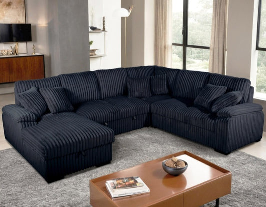 Sectional LHF Fabric U-Shaped Pull Out Sectional Sofa w/ Storage Chaise