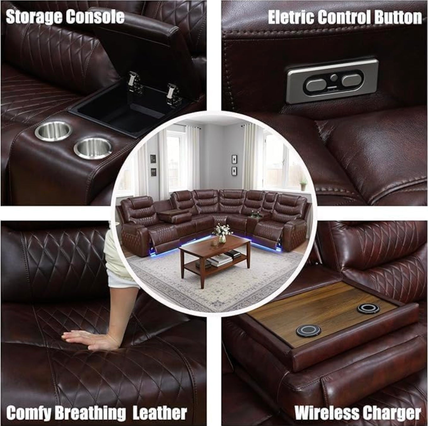 Sectional Power Recliner drop off table w wireless charger
