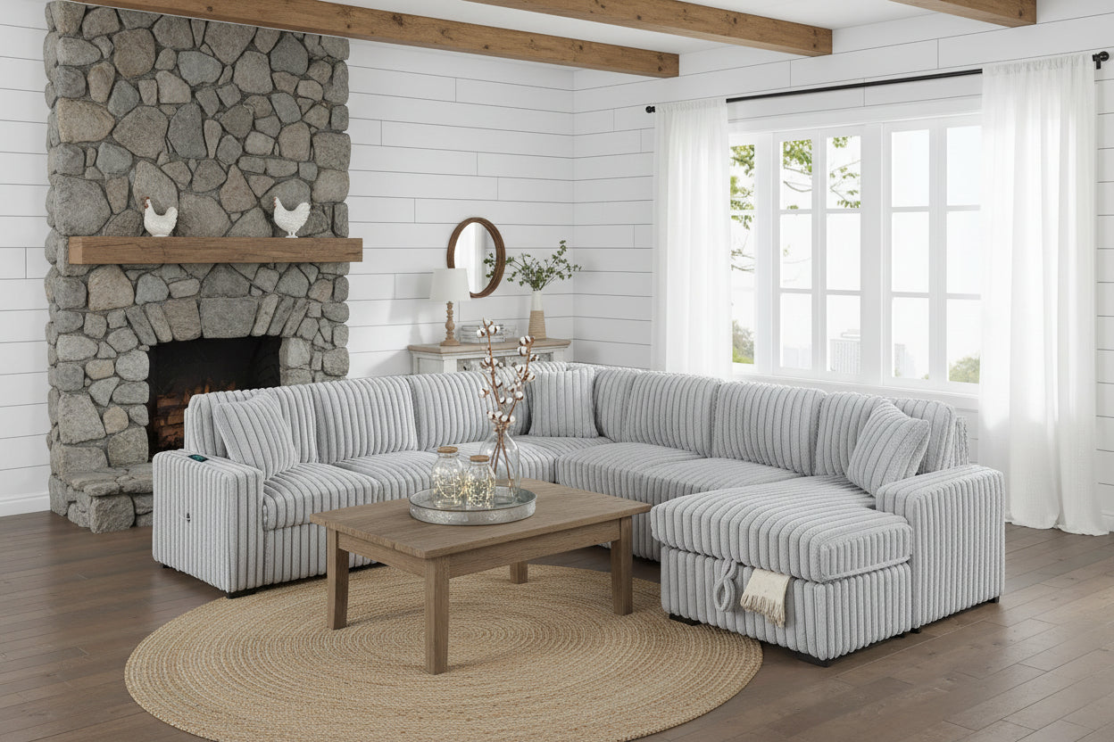 Sofa W/ Pull-Out Bed + RAF Chaise Storage + USB Port