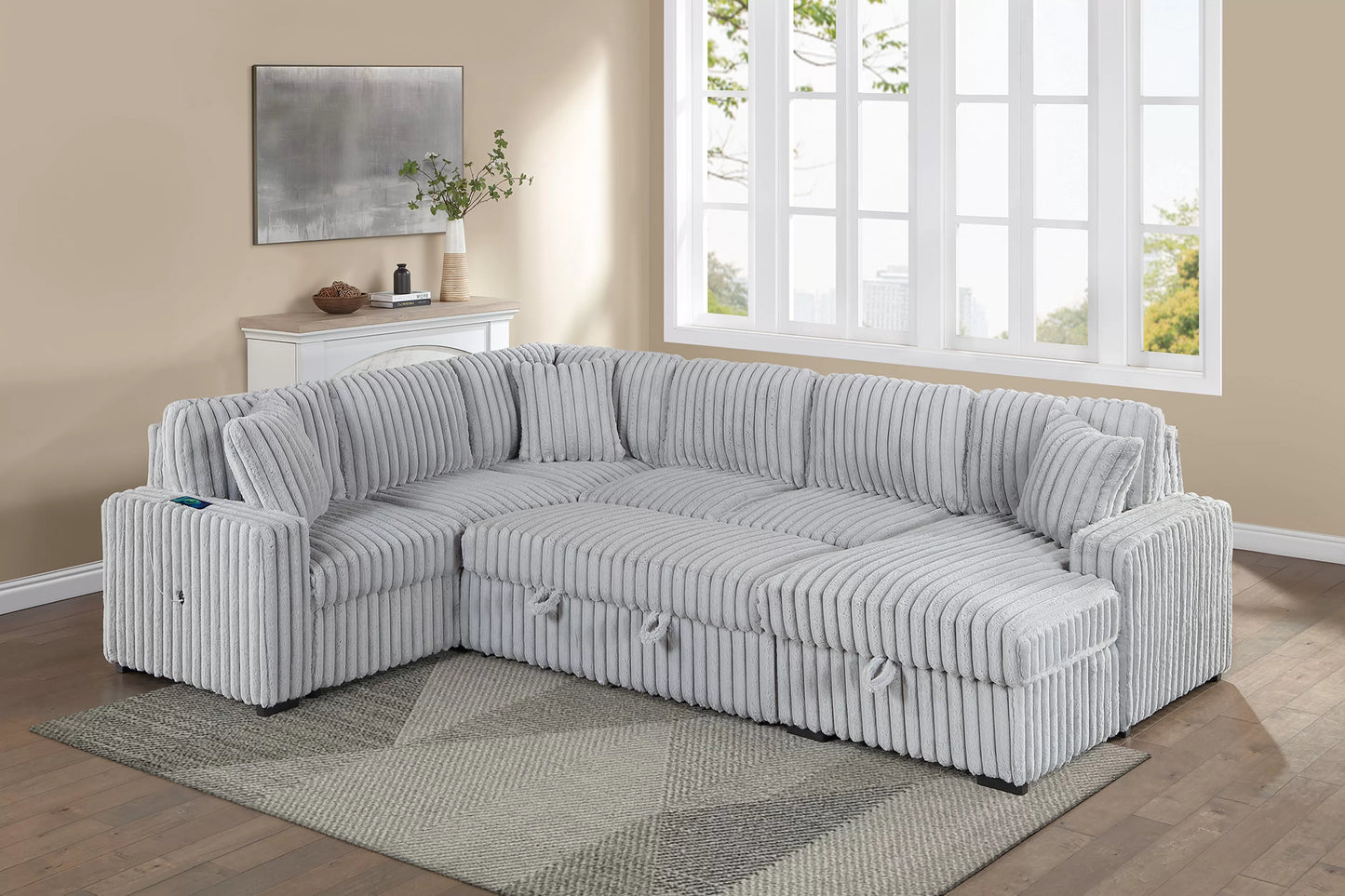 Sofa W/ Pull-Out Bed + RAF Chaise Storage + USB Port