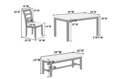 6-Pcs Dining Set
Table + 4 Chairs + Bench