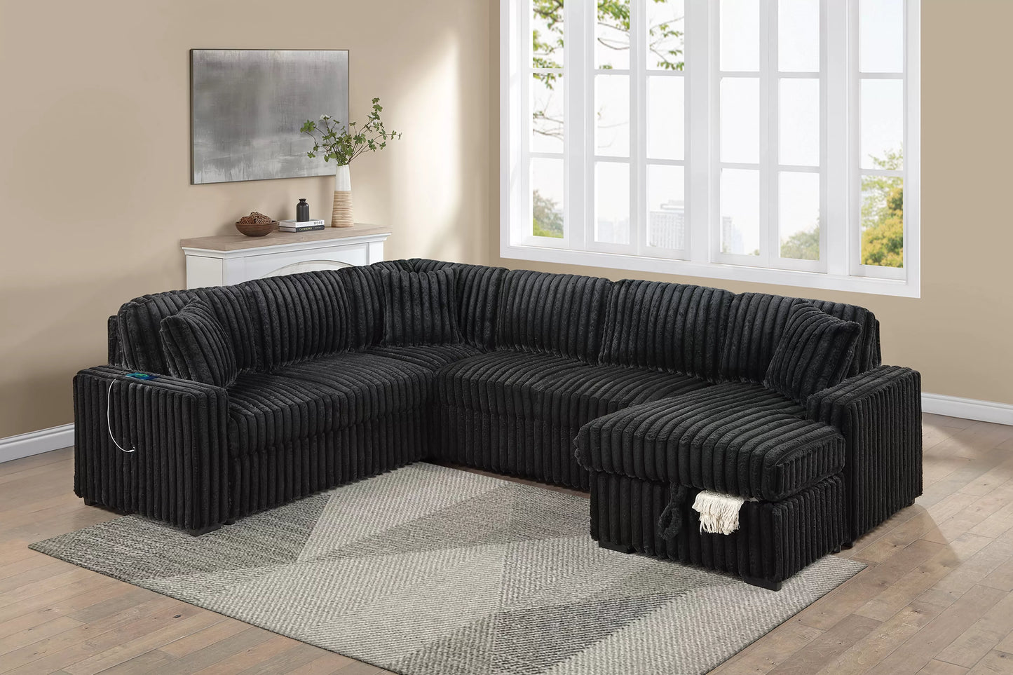 Sofa W/ Pull-Out Bed + RAF Chaise Storage + USB Port