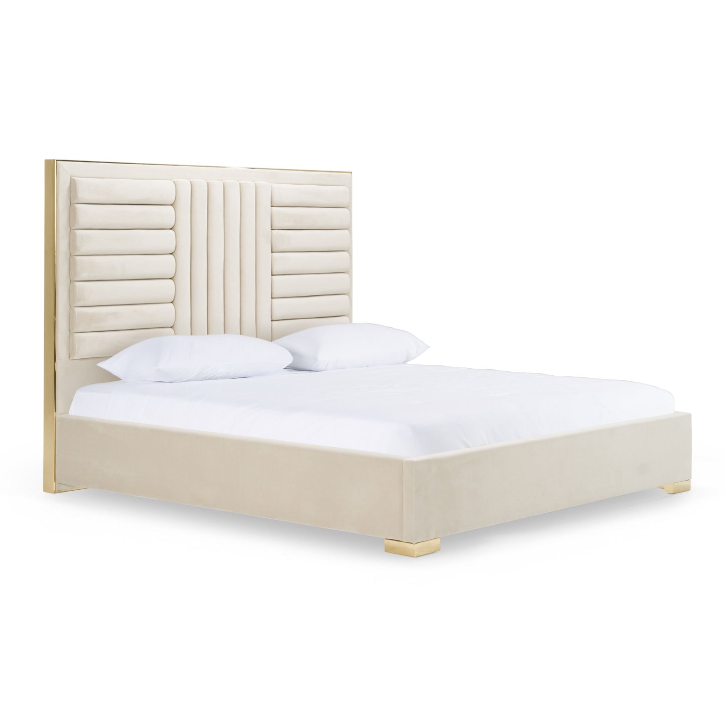 Modern Beige Velvet & Gold Bed E.King Bed Frame 2 nightstand