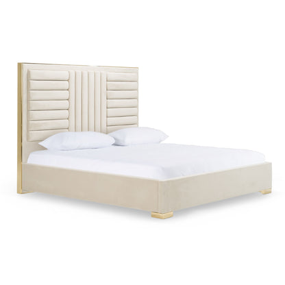 Modern Beige Velvet & Gold Bed E.King Bed Frame 2 nightstand