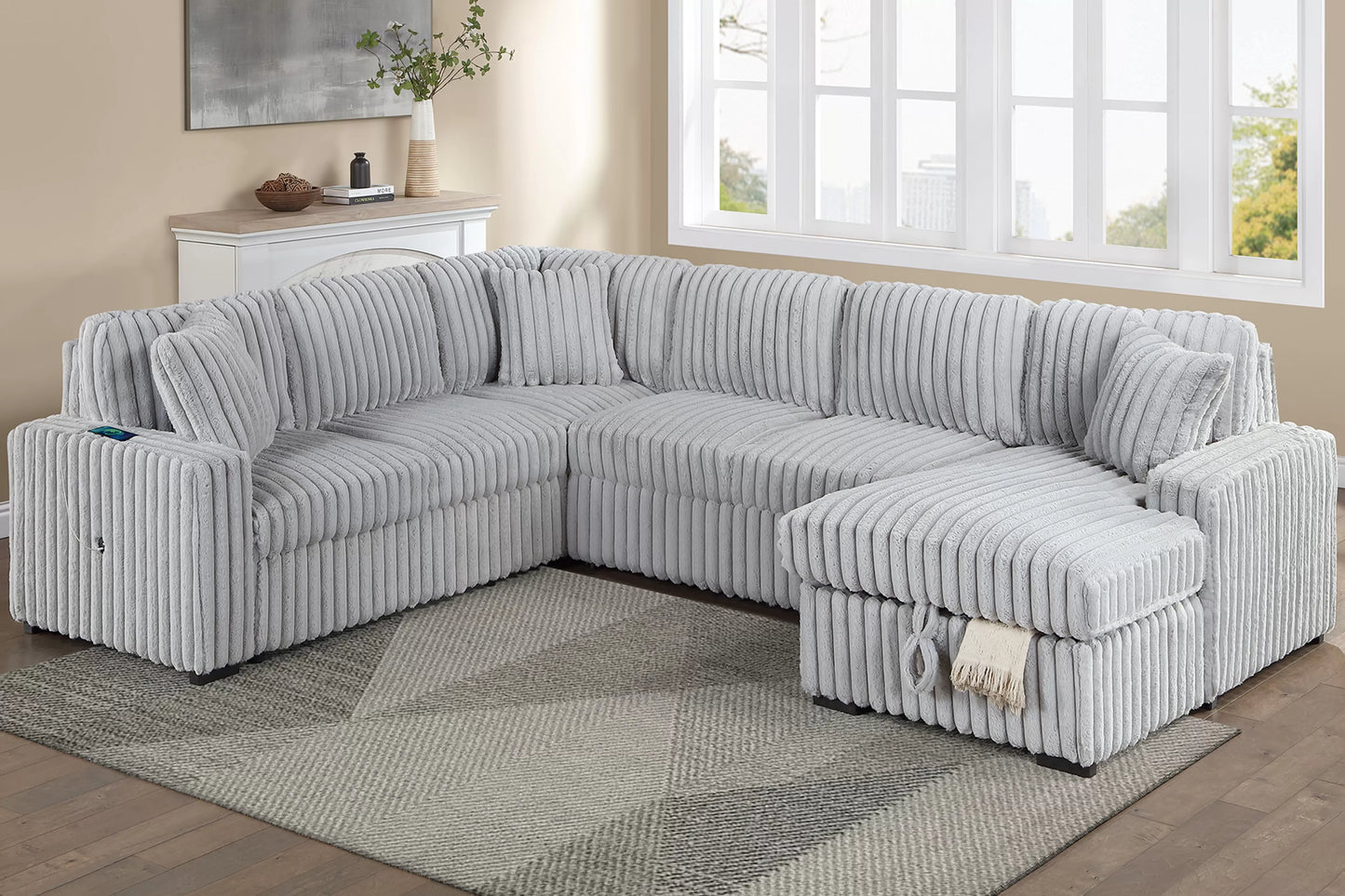 Sofa W/ Pull-Out Bed + RAF Chaise Storage + USB Port